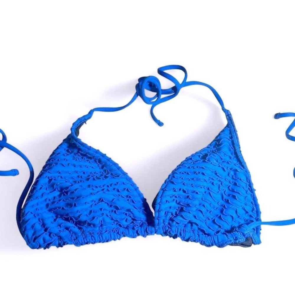 Royal Blue Ruffled Triangle Bikini Top Textured Halter Swim Top Summer‎ Swimwear